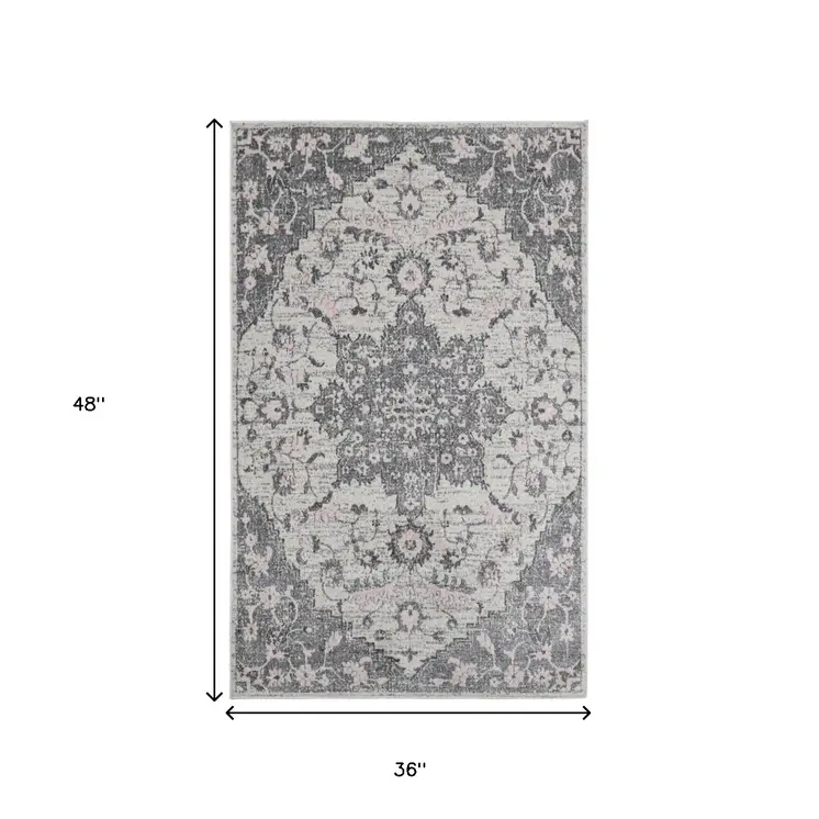3' X 4' Ivory and Gray Medallion Power Loom Distressed Area Rug