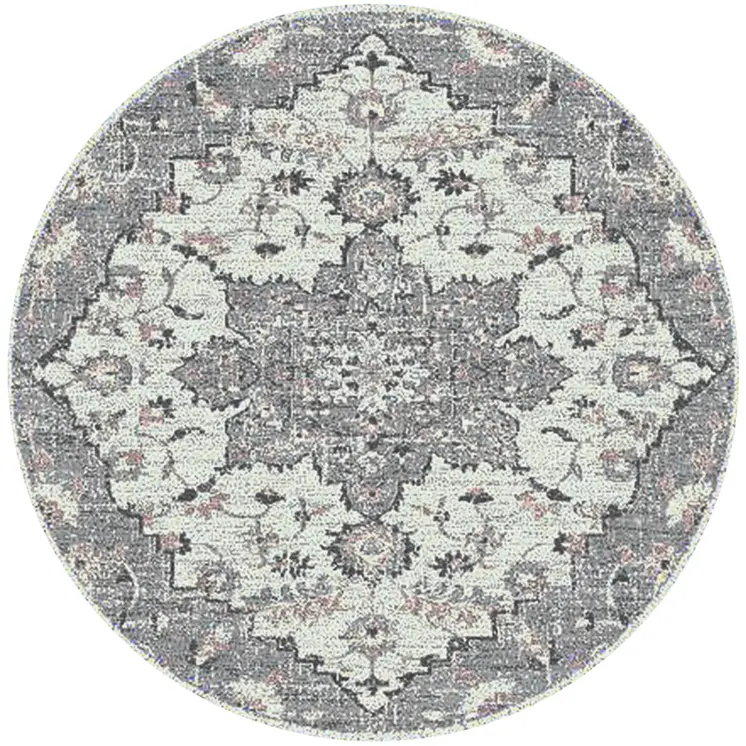 7' Gray Medallion Power Loom Round Rug