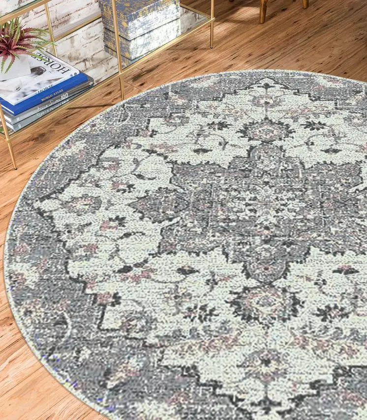7' Gray Medallion Power Loom Round Rug