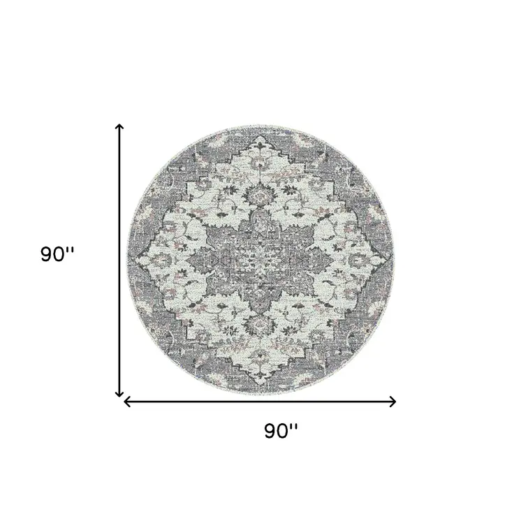 7' Gray Medallion Power Loom Round Rug