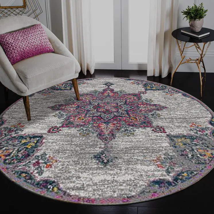 7' Pink Medallion Power Loom Round Rug