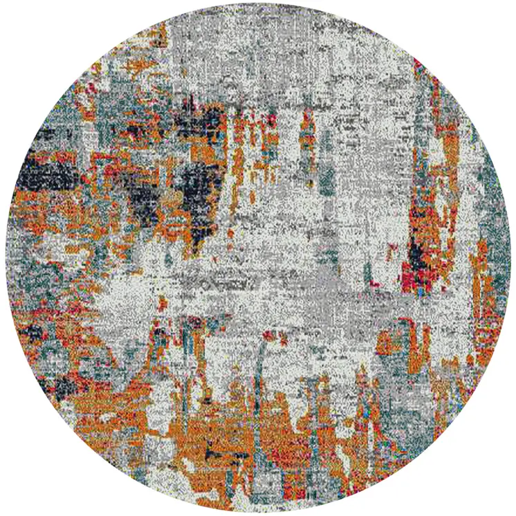 7' Blue and Orange Abstract Power Loom Round Rug