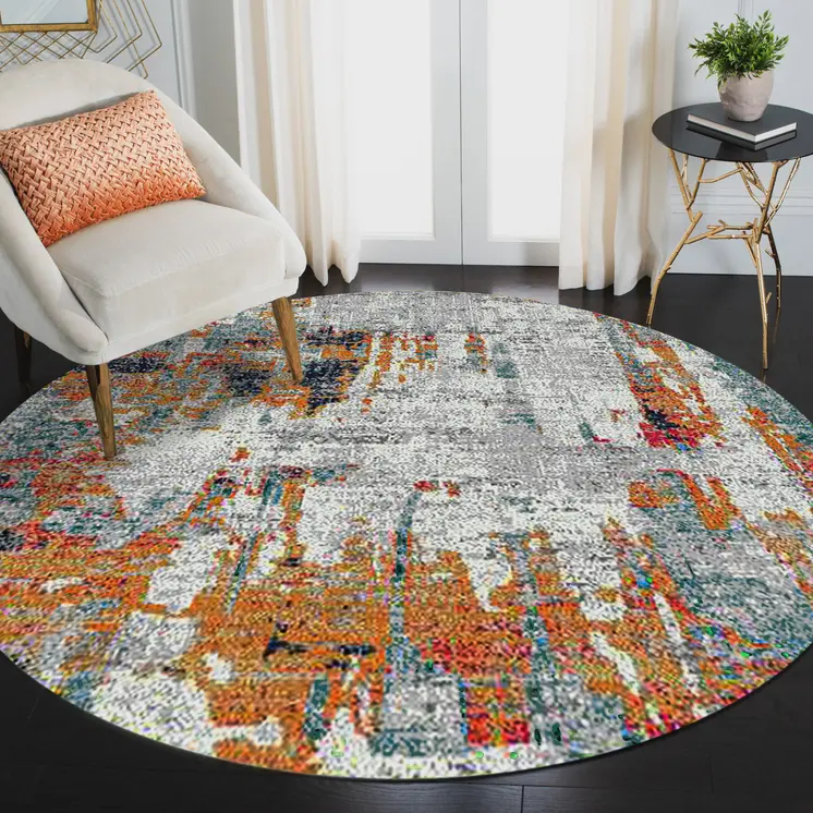 7' Blue and Orange Abstract Power Loom Round Rug
