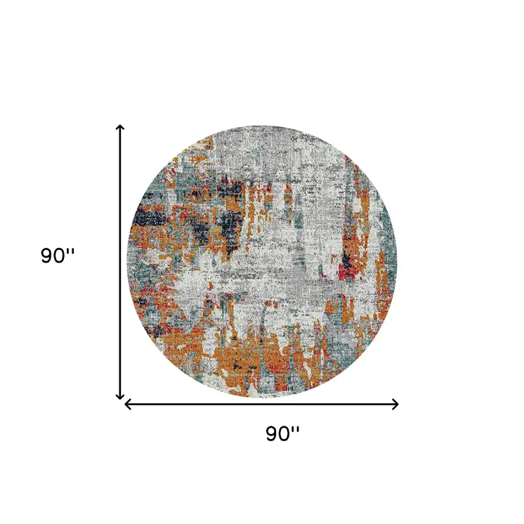 7' Blue and Orange Abstract Power Loom Round Rug
