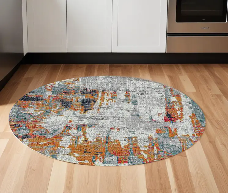 7' Blue and Orange Abstract Power Loom Round Rug