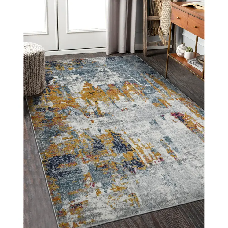 9' X 12' Blue and Orange Abstract Power Loom Area Rug
