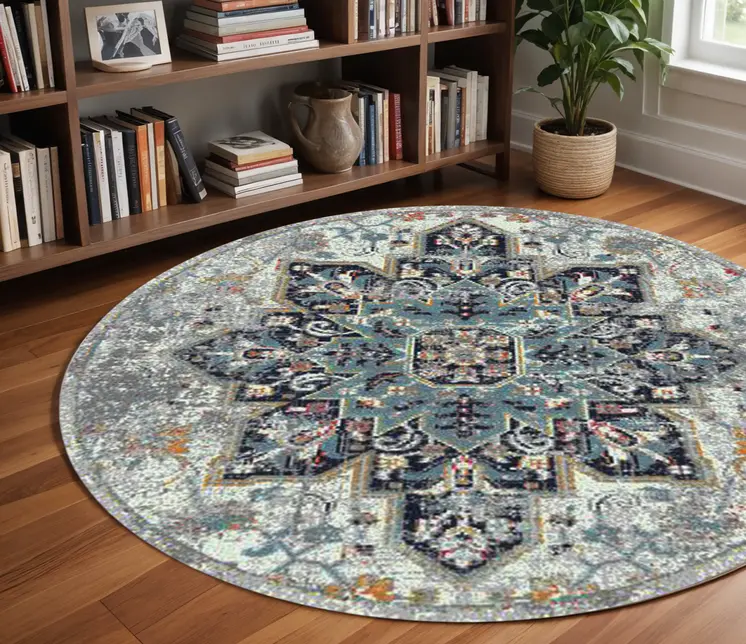 7' Gray Medallion Power Loom Round Rug
