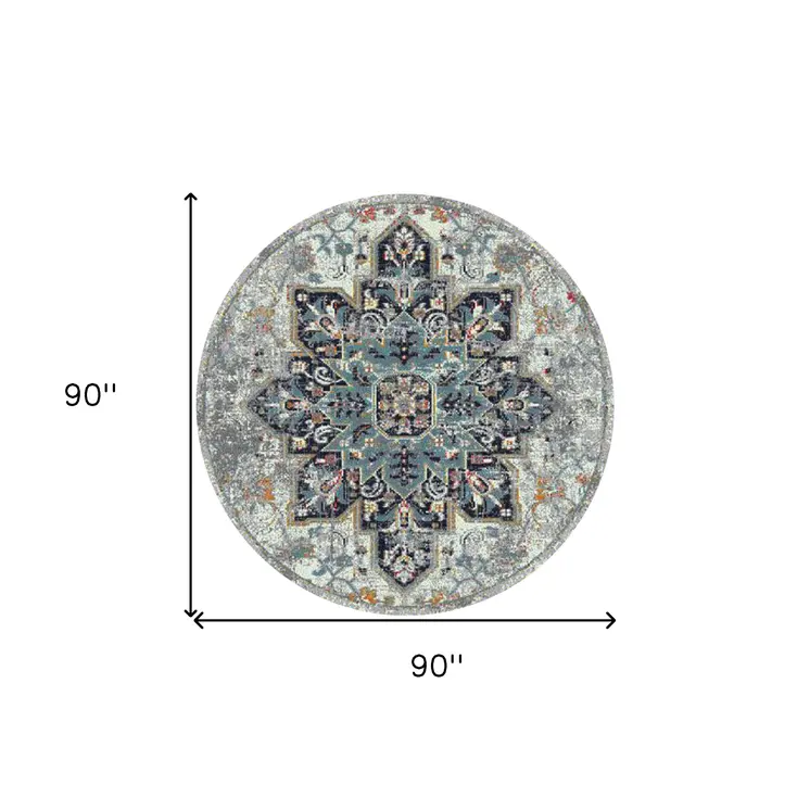 7' Gray Medallion Power Loom Round Rug