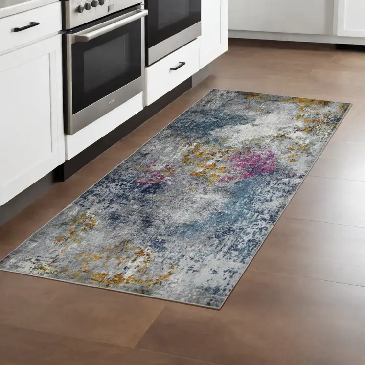 8' Blue and Pink Abstract Power Loom Runner Rug