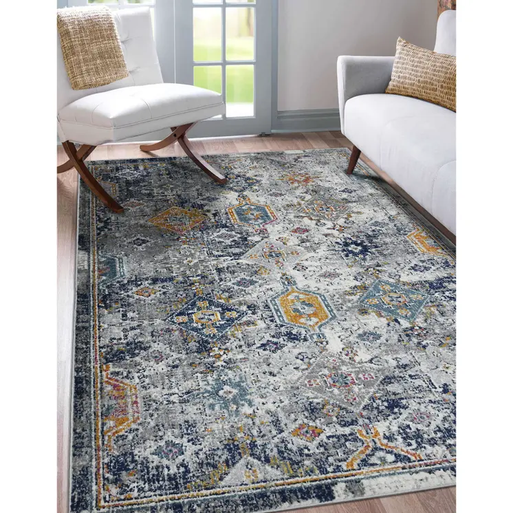 5' X 7' Blue and Orange Geometric Power Loom Area Rug