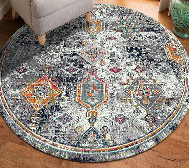 7' Blue and Orange Geometric Power Loom Round Rug