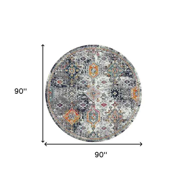 7' Blue and Orange Geometric Power Loom Round Rug