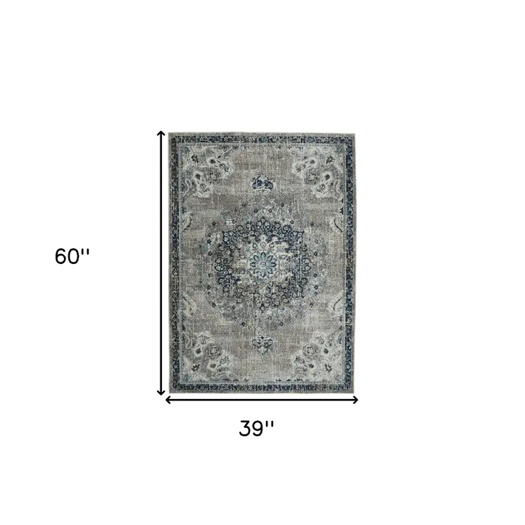 3' X 5' Gray Ivory And Teal Area Rug
