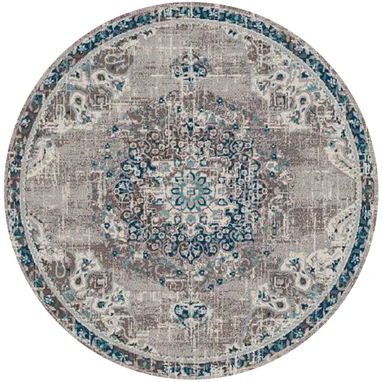 7' Teal Blue Medallion Power Loom Round Rug