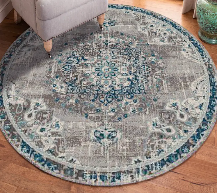 7' Teal Blue Medallion Power Loom Round Rug