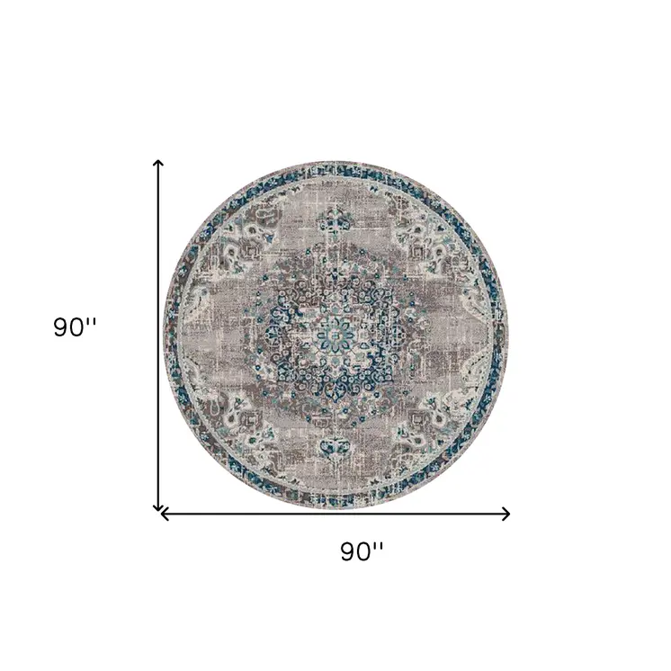 7' Teal Blue Medallion Power Loom Round Rug