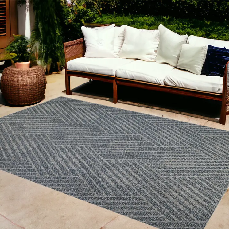 9' X 12' Gray and Blue Geometric Stain Resistant Indoor Outdoor Area Rug