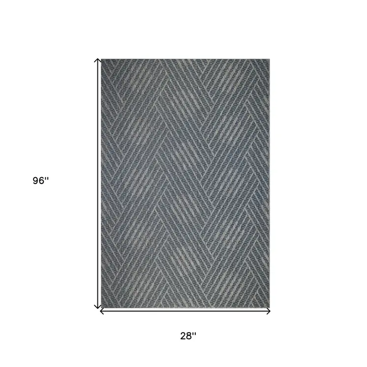 8' Runner Gray and Blue Geometric Stain Resistant Indoor Outdoor Runner Rug