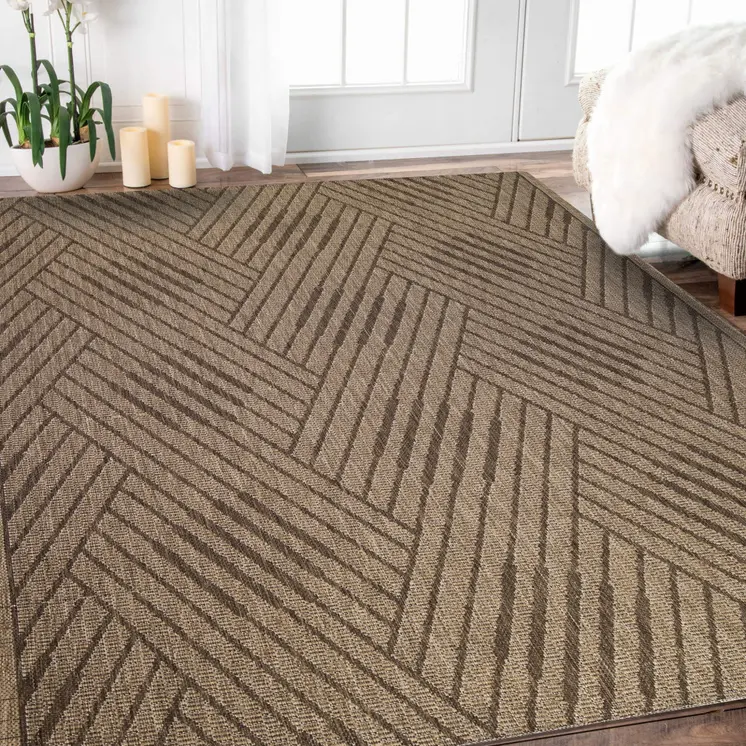 9' X 12' Beige Geometric Stain Resistant Indoor Outdoor Area Rug