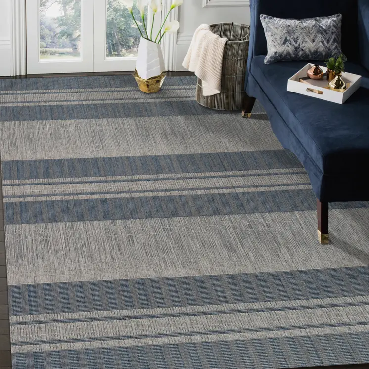 6' X 9' Blue and Gray Striped Stain Resistant Indoor Outdoor Area Rug