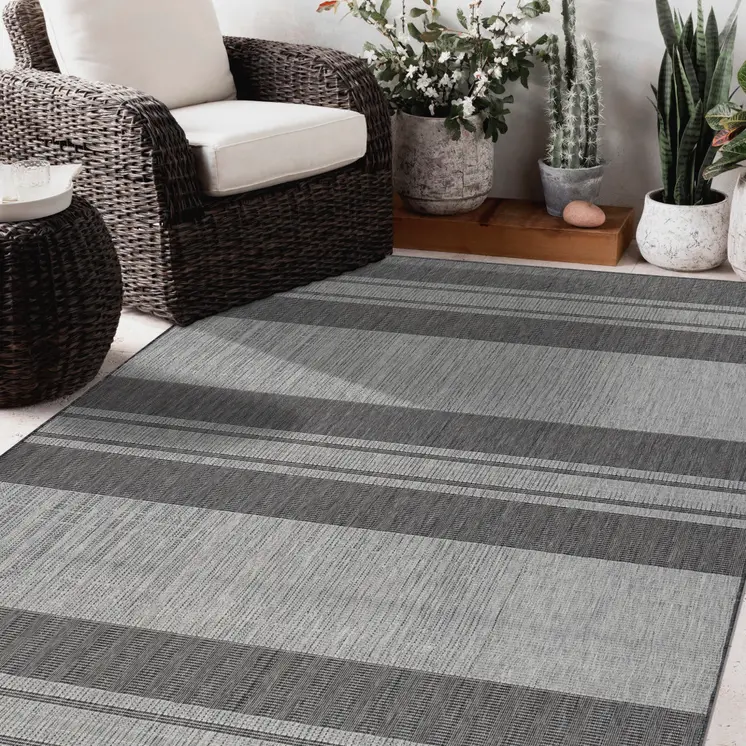 8' X 10' Blue and Gray Striped Stain Resistant Indoor Outdoor Area Rug