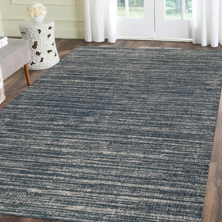 6' X 9' Gray and Blue Striped Stain Resistant Indoor Outdoor Area Rug
