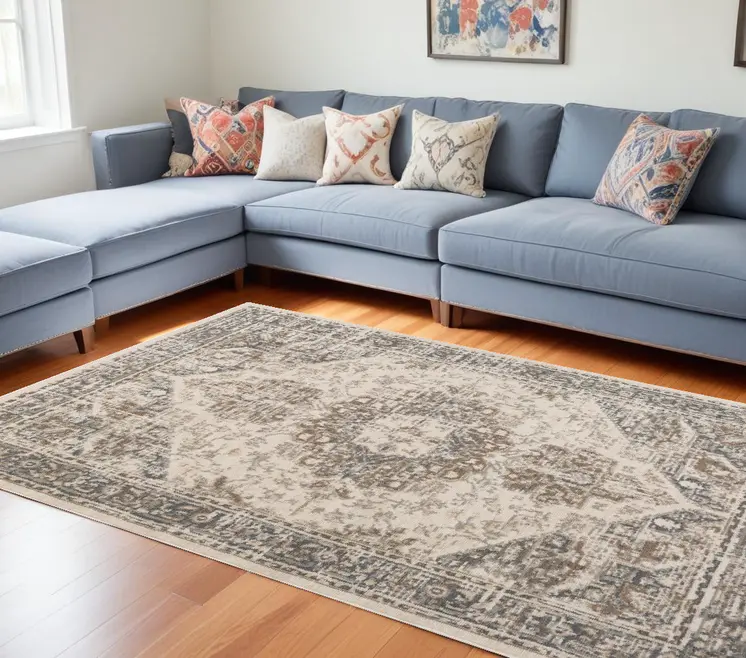 6' X 9' Gray and Light Beige Medallion Power Loom Area Rug