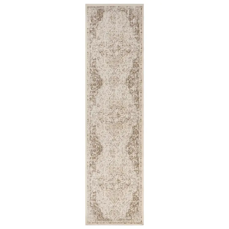 10' Gray and Light Cream Medallion Power Loom Runner Rug
