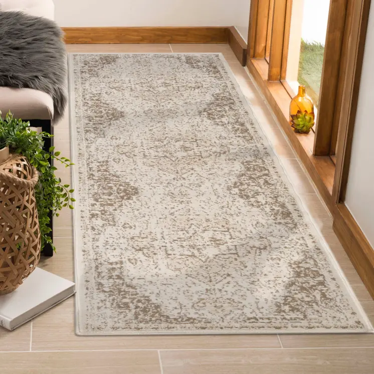 10' Gray and Light Cream Medallion Power Loom Runner Rug