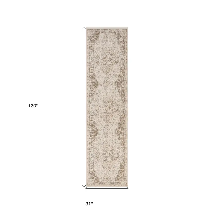 10' Gray and Light Cream Medallion Power Loom Runner Rug