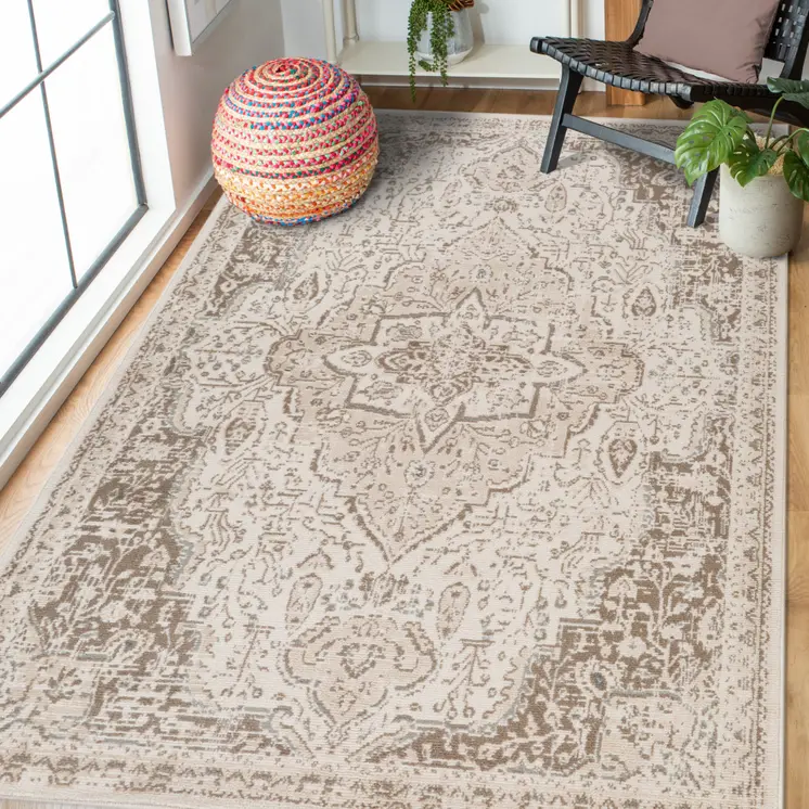 5' X 8' Gray and Light Cream Medallion Power Loom Area Rug