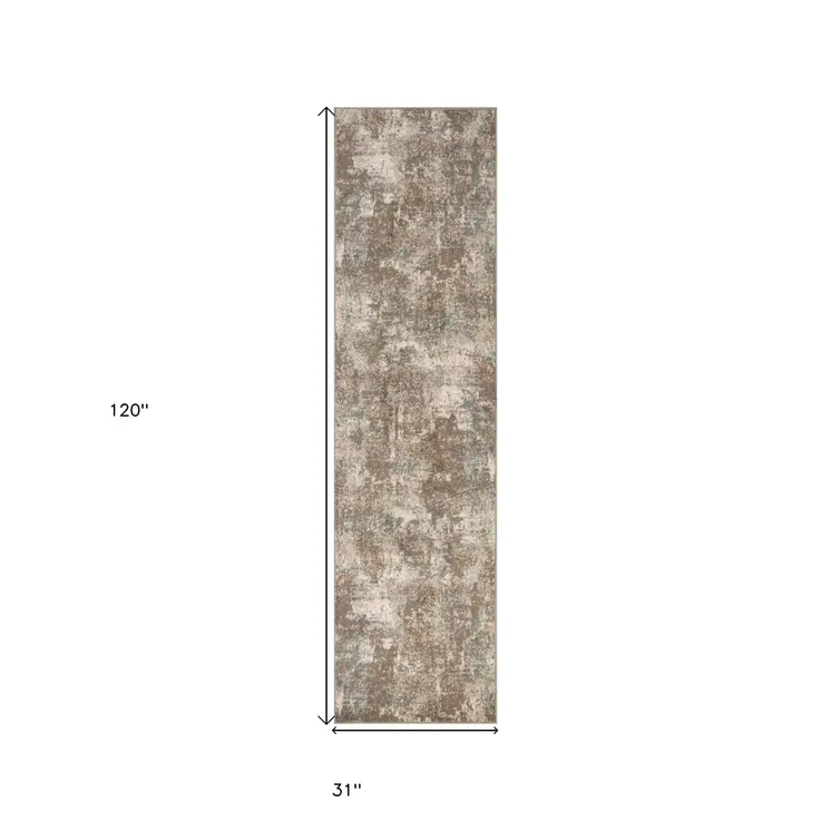 10' Gray and Light Brown Abstract Power Loom Runner Rug