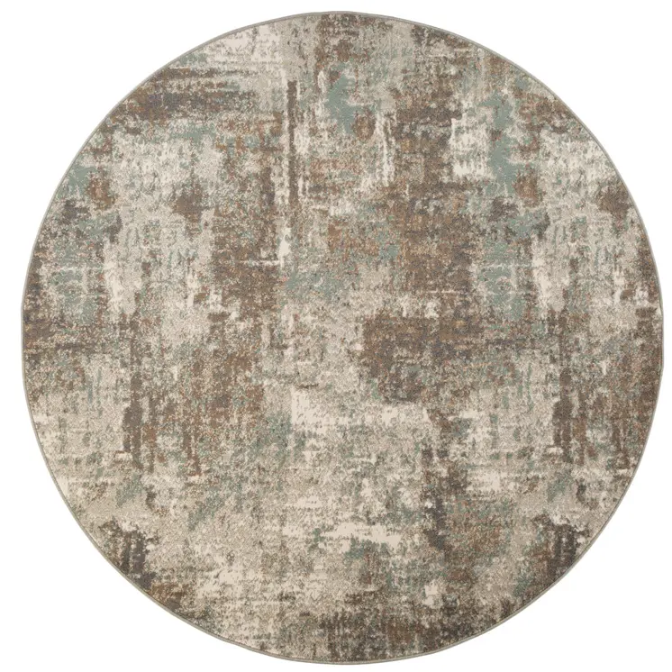 8' Gray and Light Brown Abstract Power Loom Round Rug