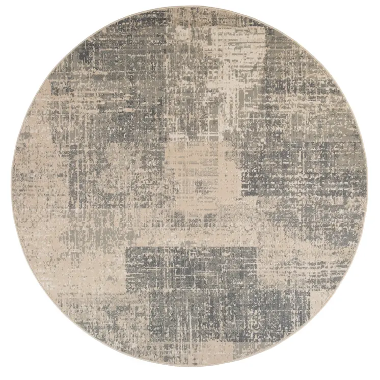 8' Gray and Light Blue Abstract Power Loom Round Rug