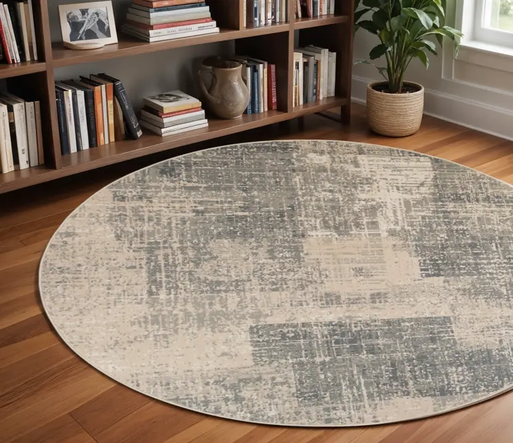 8' Gray and Light Blue Abstract Power Loom Round Rug