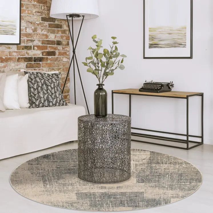 8' Gray and Light Blue Abstract Power Loom Round Rug