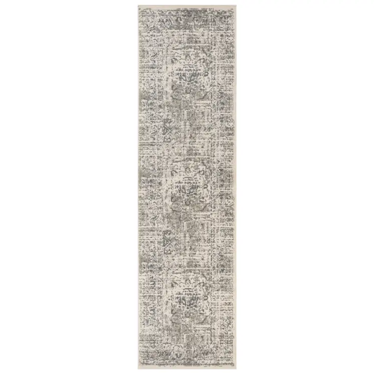 10' Medium Gray and Ivory Medallion Power Loom Runner Rug
