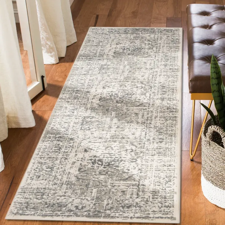 10' Medium Gray and Ivory Medallion Power Loom Runner Rug