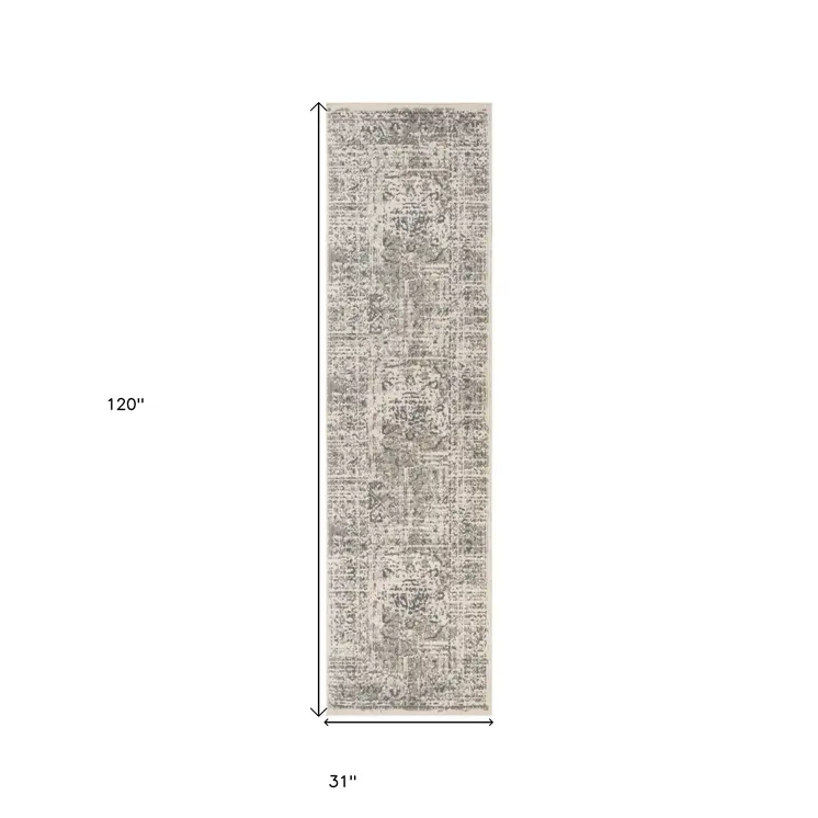 10' Medium Gray and Ivory Medallion Power Loom Runner Rug