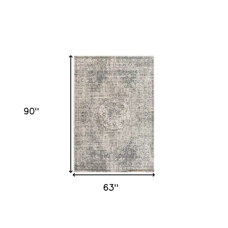 5' X 8' Medium Gray and Ivory Medallion Power Loom Area Rug