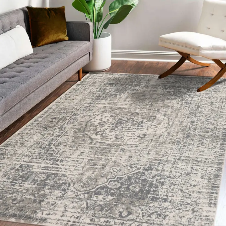 8' X 10' Medium Gray and Ivory Medallion Power Loom Area Rug