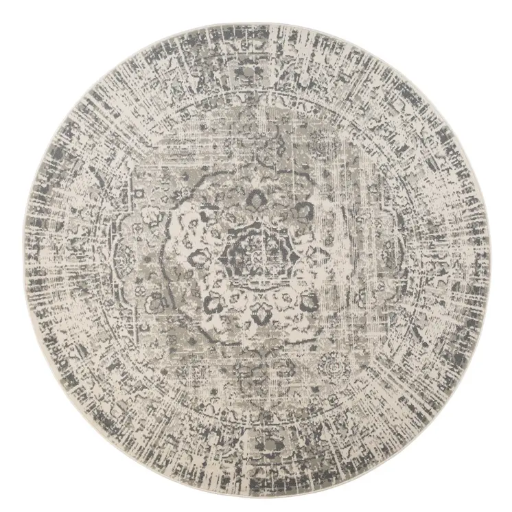 8' Medium Gray and Ivory Medallion Power Loom Round Rug