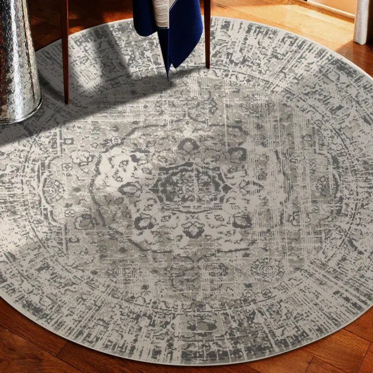 8' Medium Gray and Ivory Medallion Power Loom Round Rug
