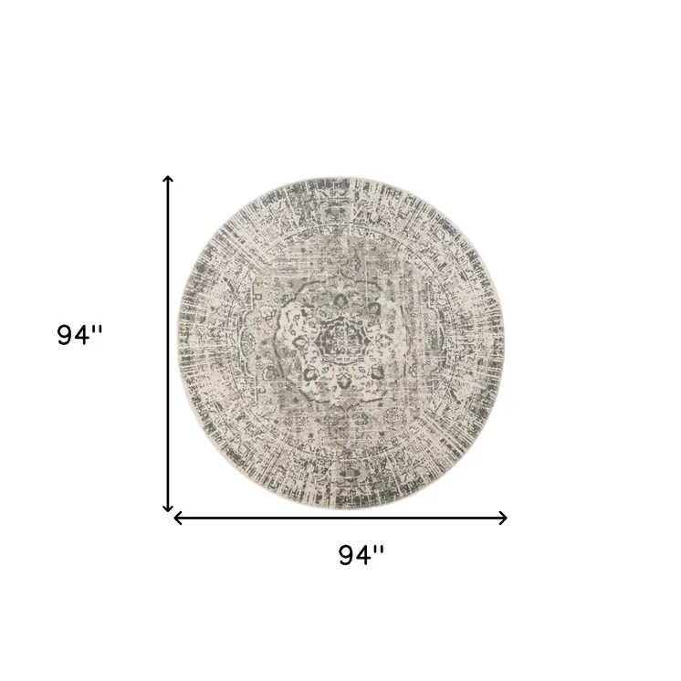 8' Medium Gray and Ivory Medallion Power Loom Round Rug