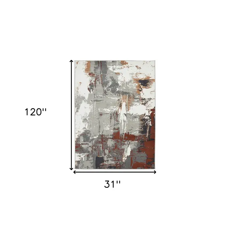 10' Ivory Gray and Rust Abstract Power Loom Runner Rug