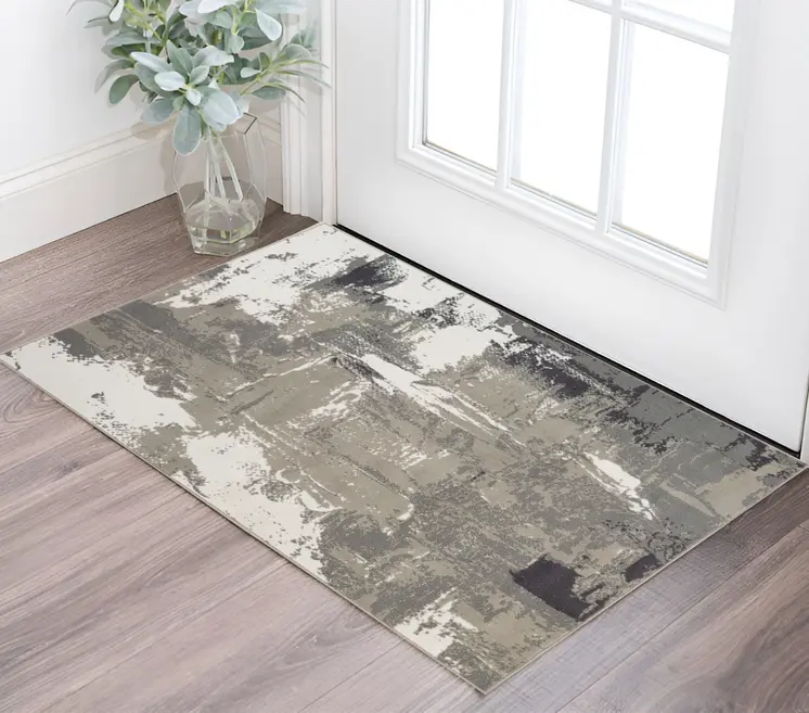 2' X 3' Ivory Black and Gray Abstract Power Loom Area Rug