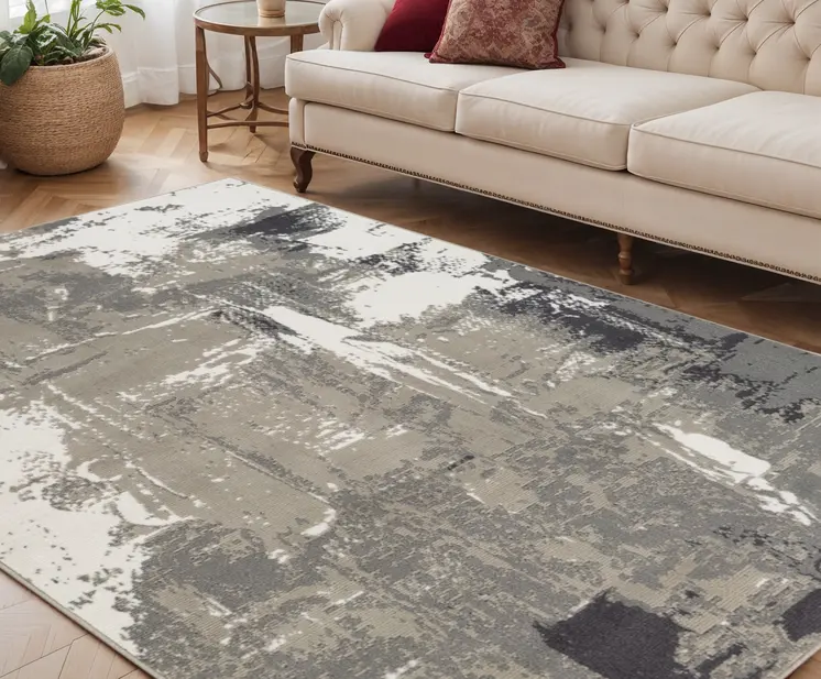 5' X 8' Ivory Black and Gray Abstract Power Loom Area Rug