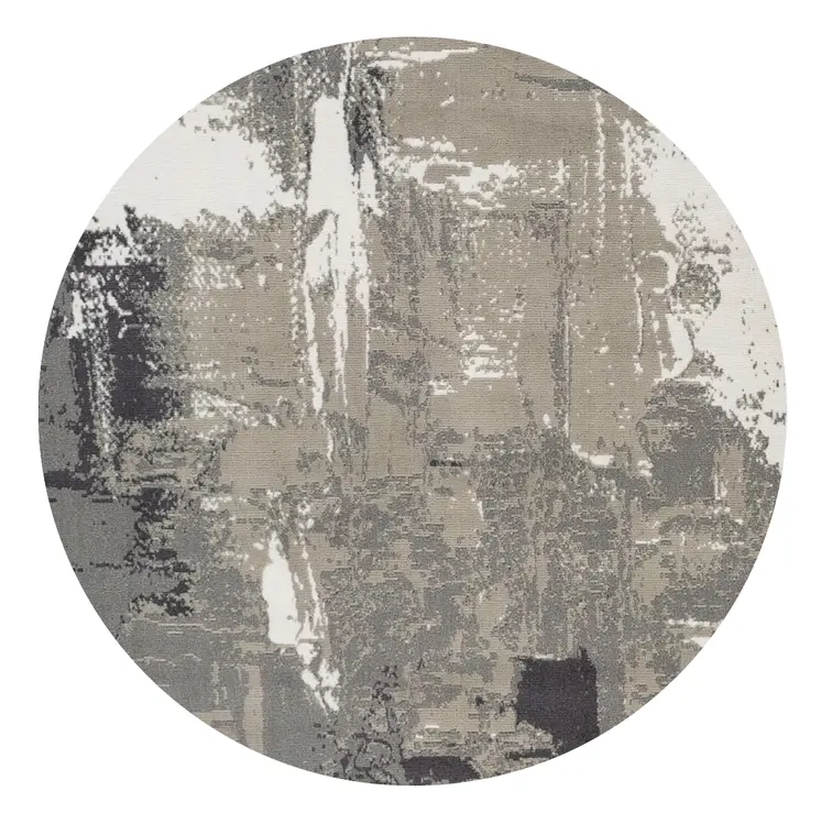 8' Ivory Black and Gray Abstract Power Loom Round Rug