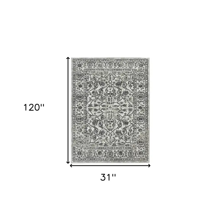 10' Gray and Dark Gray Floral Power Loom Runner Rug