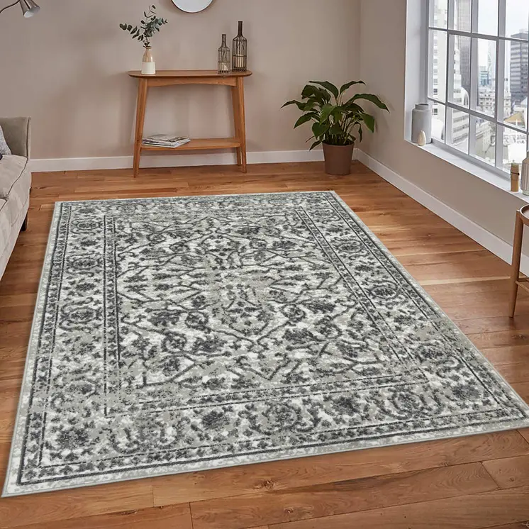 6' X 9' Gray and Dark Gray Floral Power Loom Area Rug